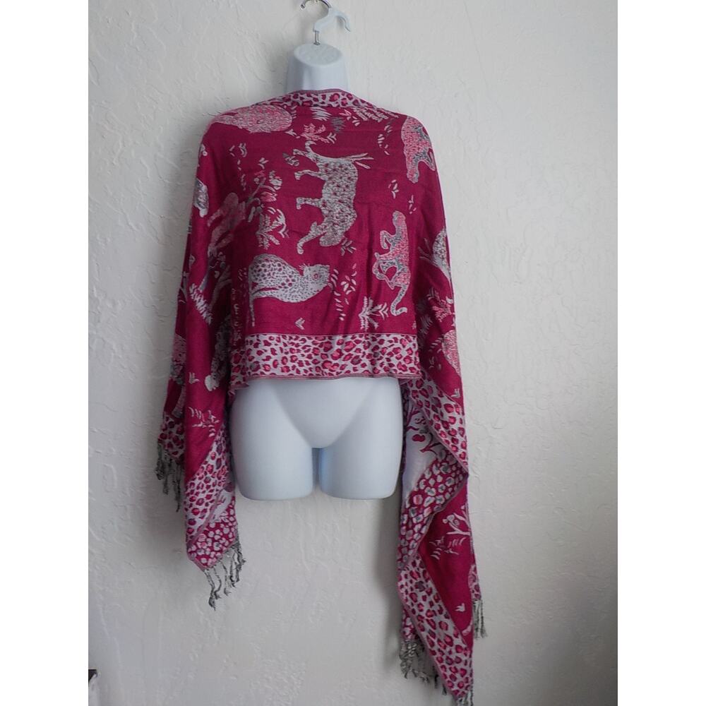 Vintage Pink Animal Print Wrap Scarf 100% Cashmere 73X25" Cheeta Print Tassels